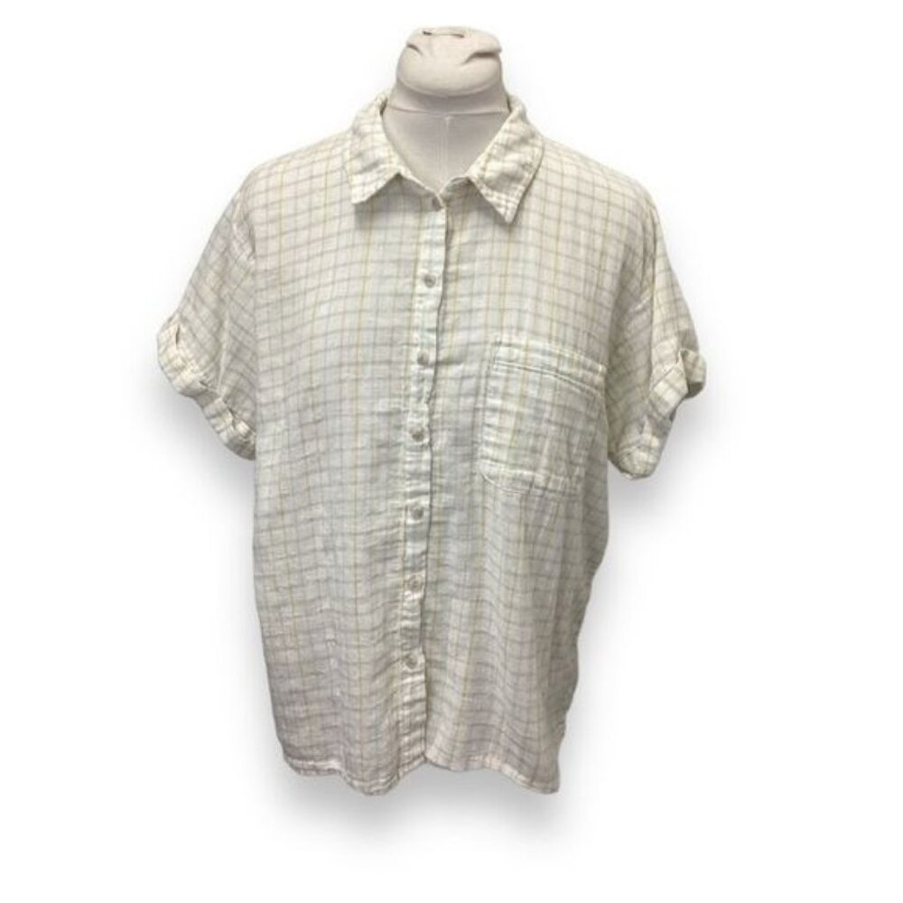 Universal Thread Women’s Button Down Plaid Summer Cotton Shirt, Cream, XL